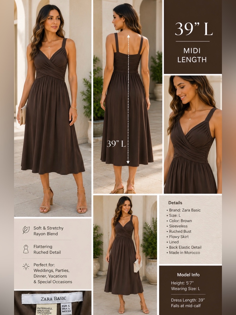 Zara Basic Brown Ruched Bust Strappy Midi Dress Size L